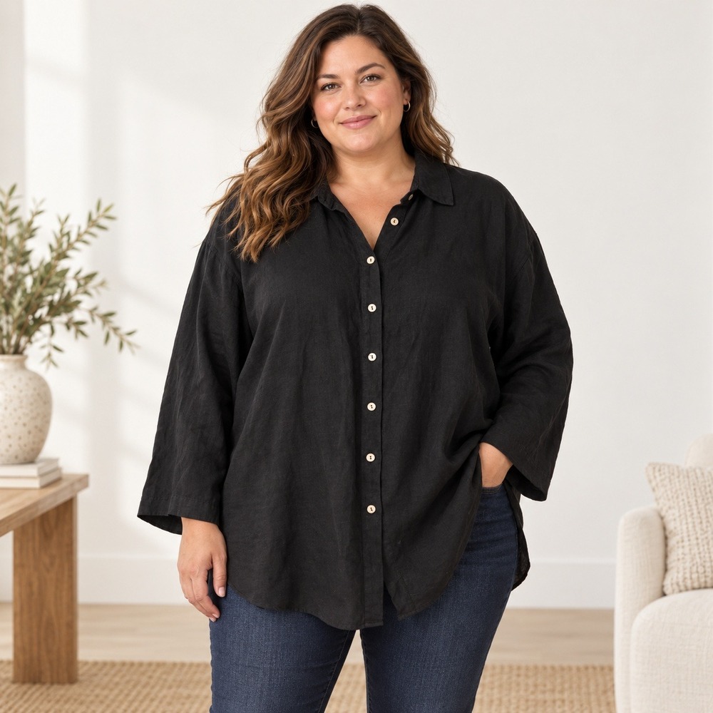 Soft Surroundings Womens Black 100% Linen Button Down Shirt Long Sleeve 3XL